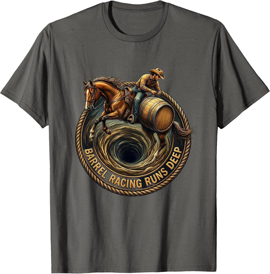 Barrel Racing Runs Deep Rodeo Design T-Shirt - Asphalt Grey