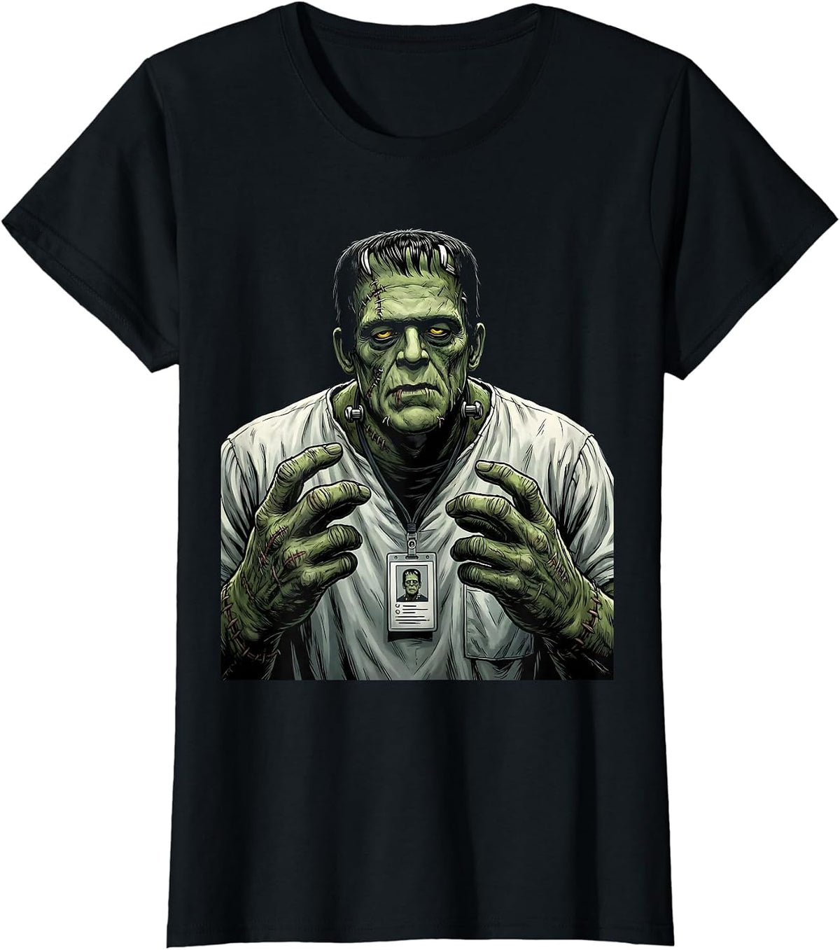 Nurse Frankenstein Halloween Scrubs Monster Graphic T-Shirt - Black