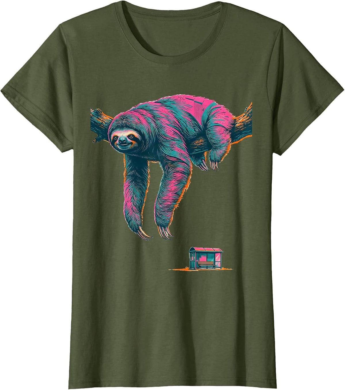 Women's Cropped Sloth Hanging Deadpan Lazy Humor Gift T-Shirt - Olive Green