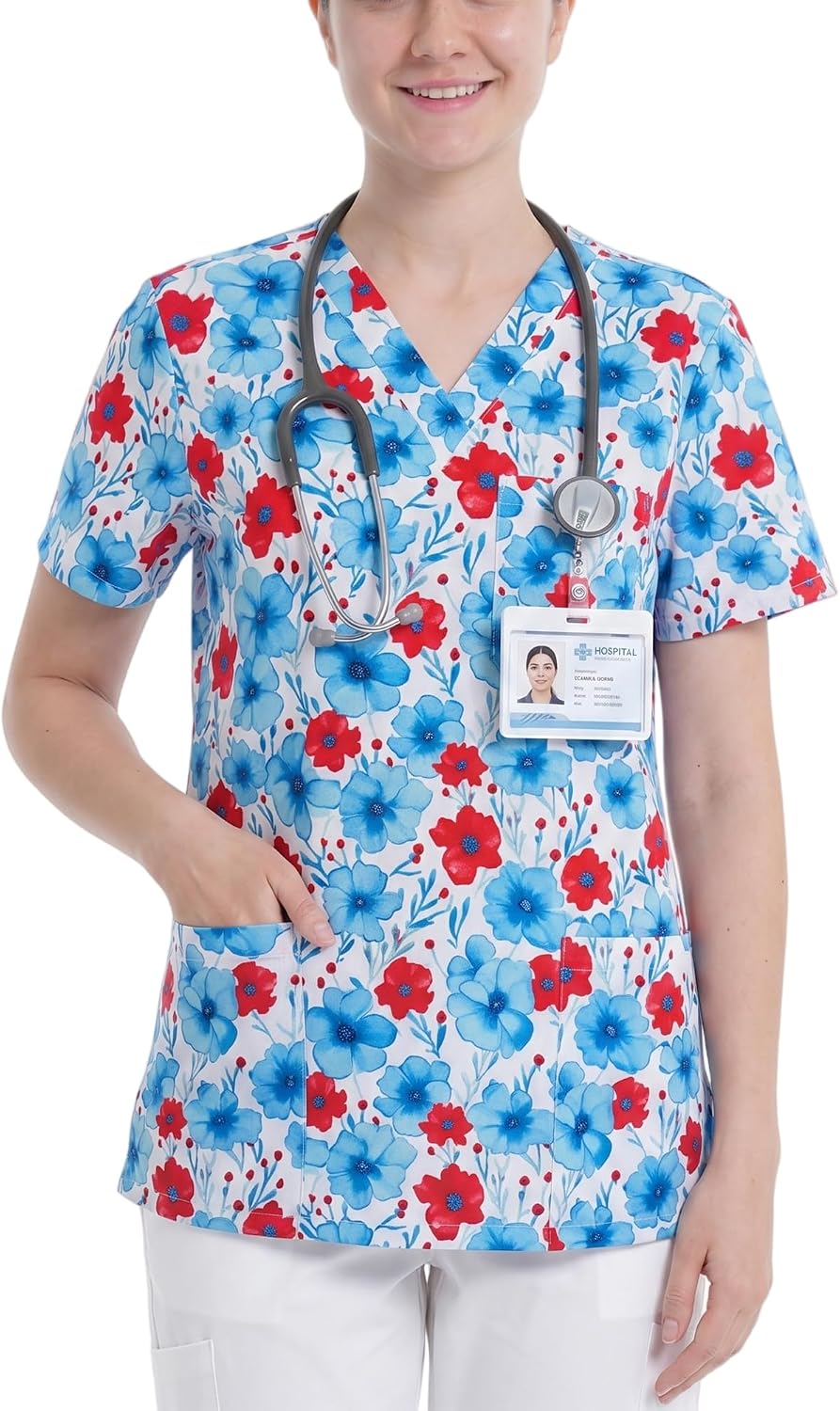 Women's V-Neck Medical Scrubs Top - Personalized Digital Graphic Printed Nursing Uniform, with 3 Pockets - Red &Blue Flowers