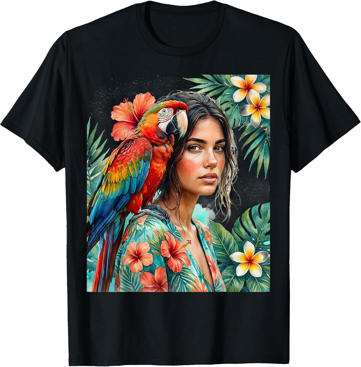 Men's Girl With Parrot Hawaiian Tropical Illustration T-Shirt - Black
