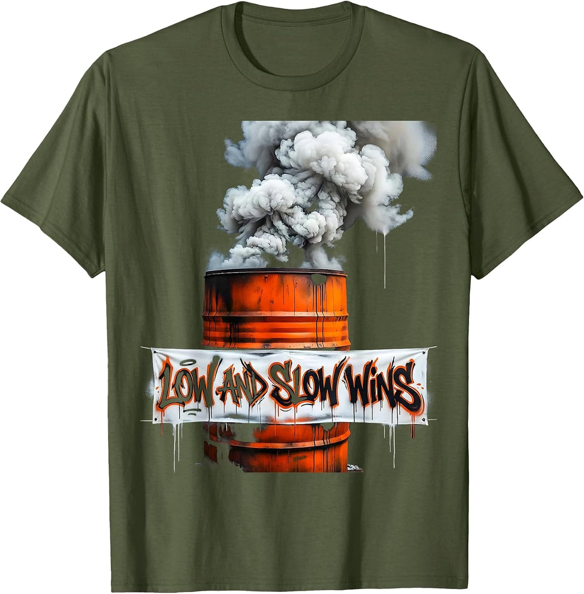 Low and Slow Wins Labor Day BBQ Smoker Design T-Shirt - Olive Green