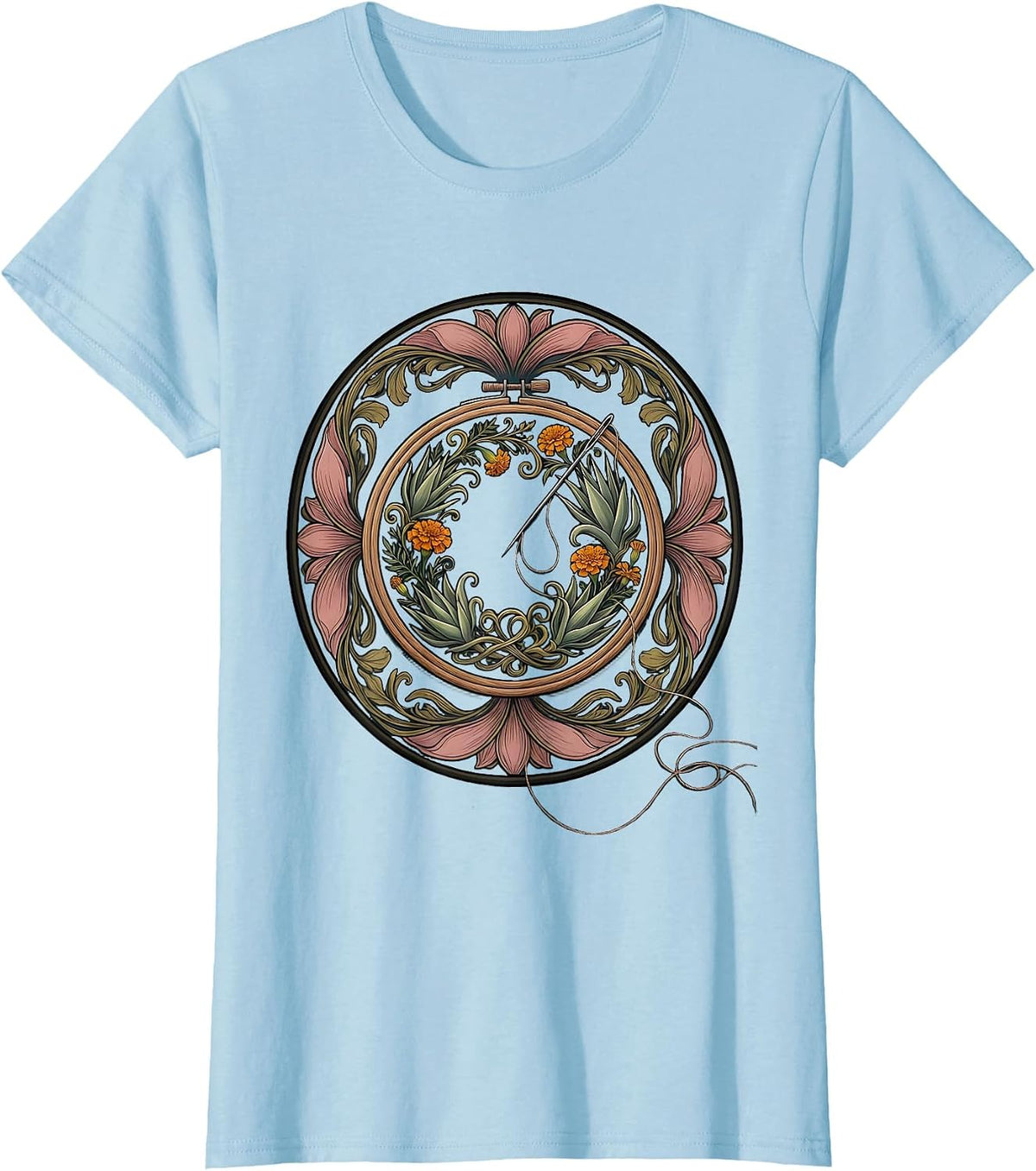 Mexican Embroidery Hoop and Needle Illustration T-Shirt - Baby Blue