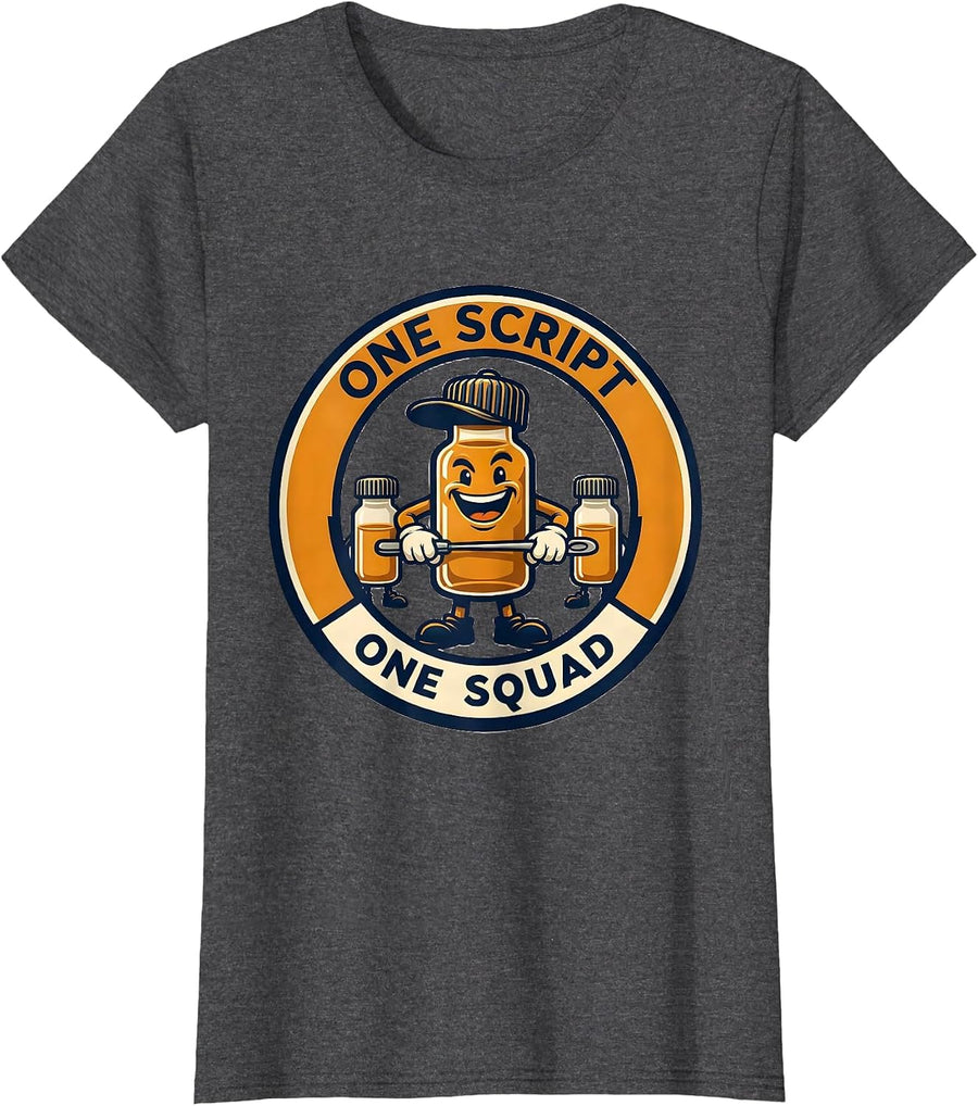 Women's One Script One Squad Cute Pharmacy Tech Squad Humor T-Shirt - Dark Heather Grey