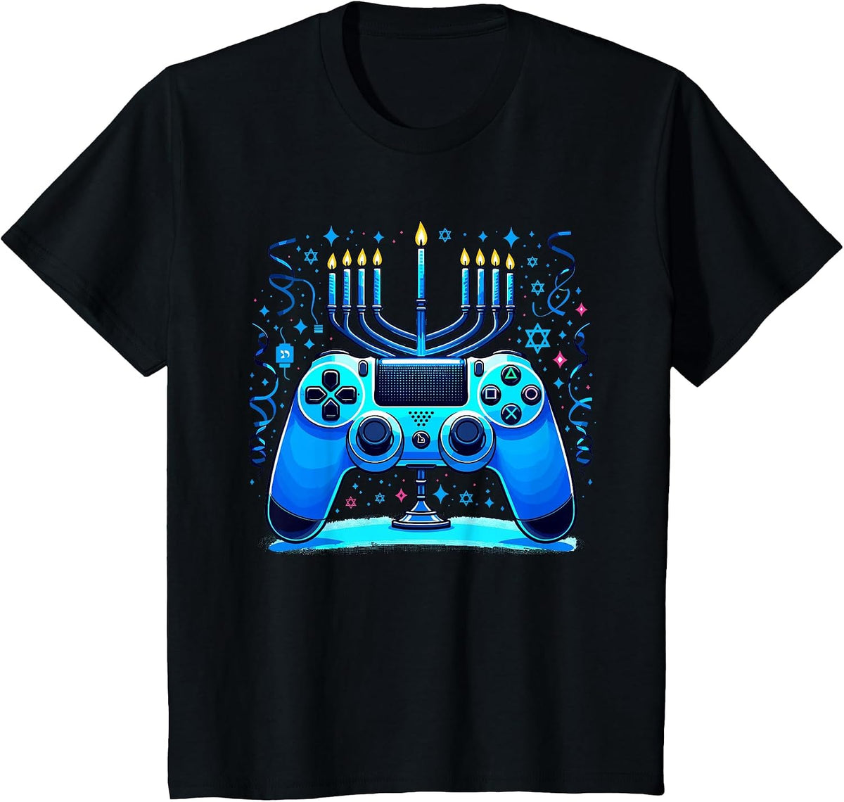 Jewish Video Game Console Gamer Hanukkah Chanukah Menorah T-Shirt - Black