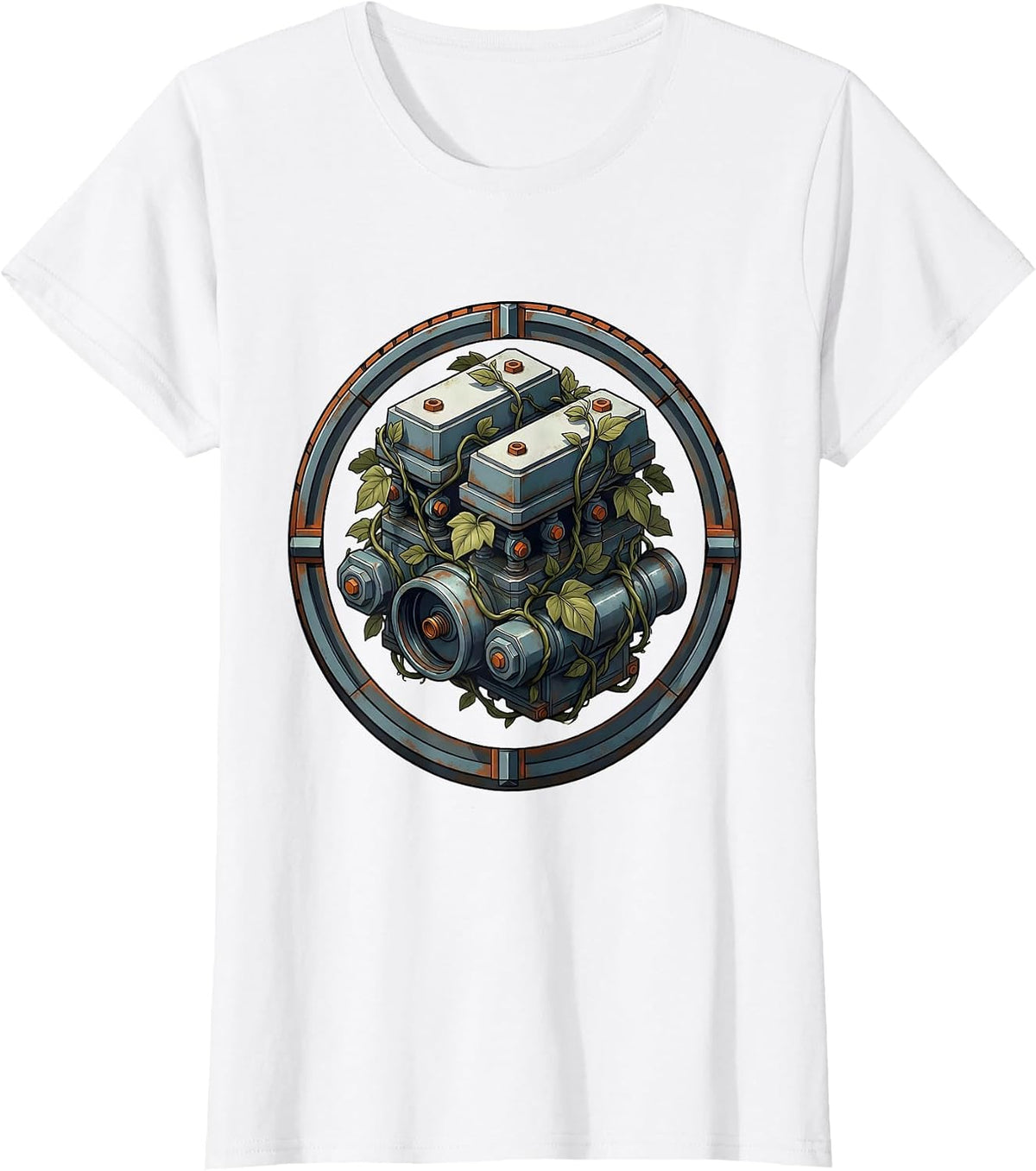 Carburetor Wrapped in Climbing Vines Illustration T-Shirt - White