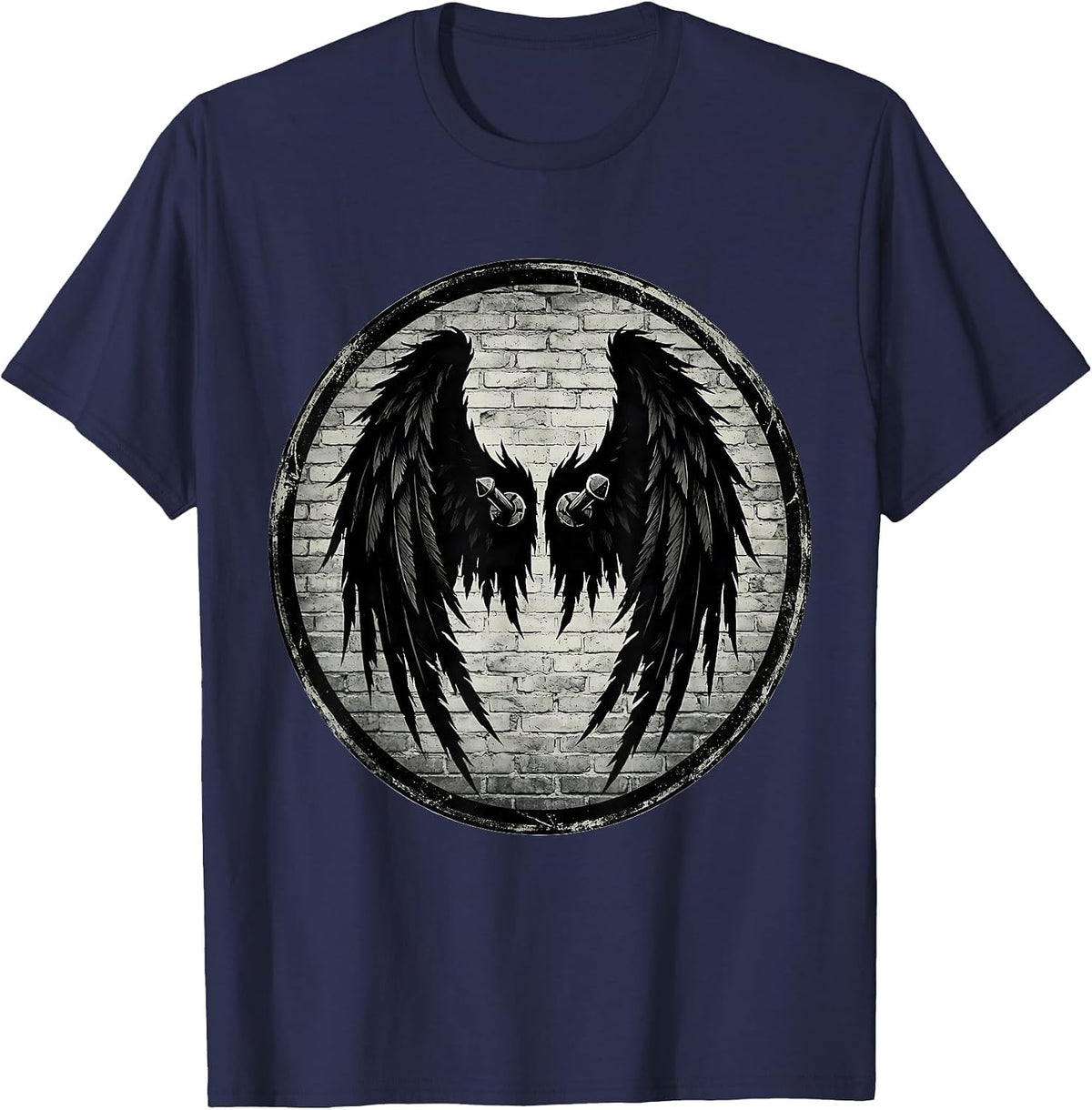 Men's Grunge Torn Angel Wings Pinned to Wall Art T-Shirt - Navy Blue