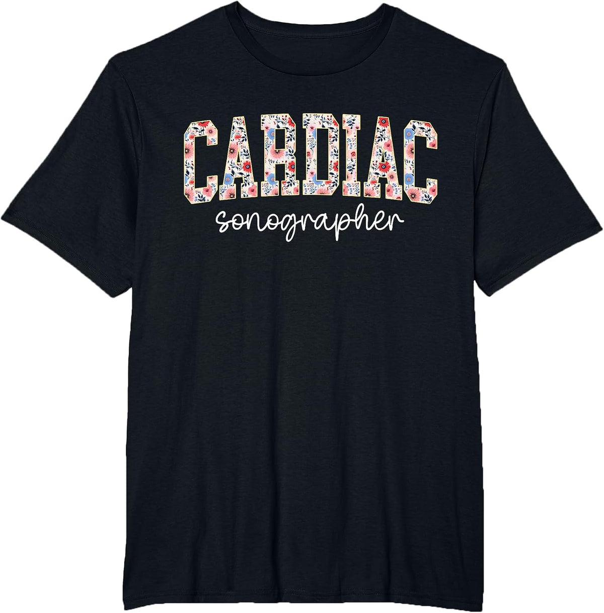 Retro Floral Cardiac Sonographer Cardiovascular Sonography T-Shirt - Black