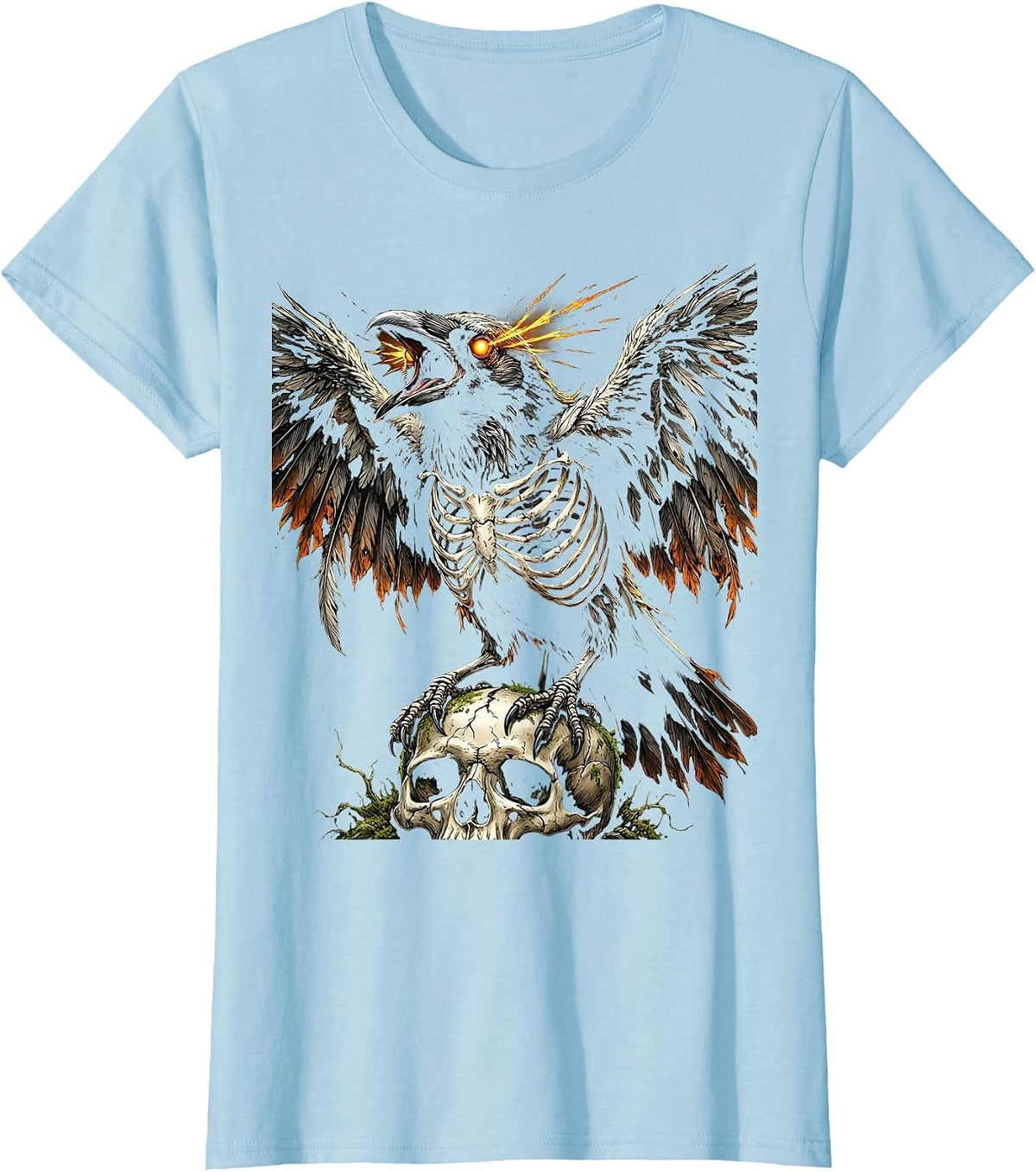 Skeletal Crow Glowing Eyes Dark Gothic Art T-Shirt - Baby Blue