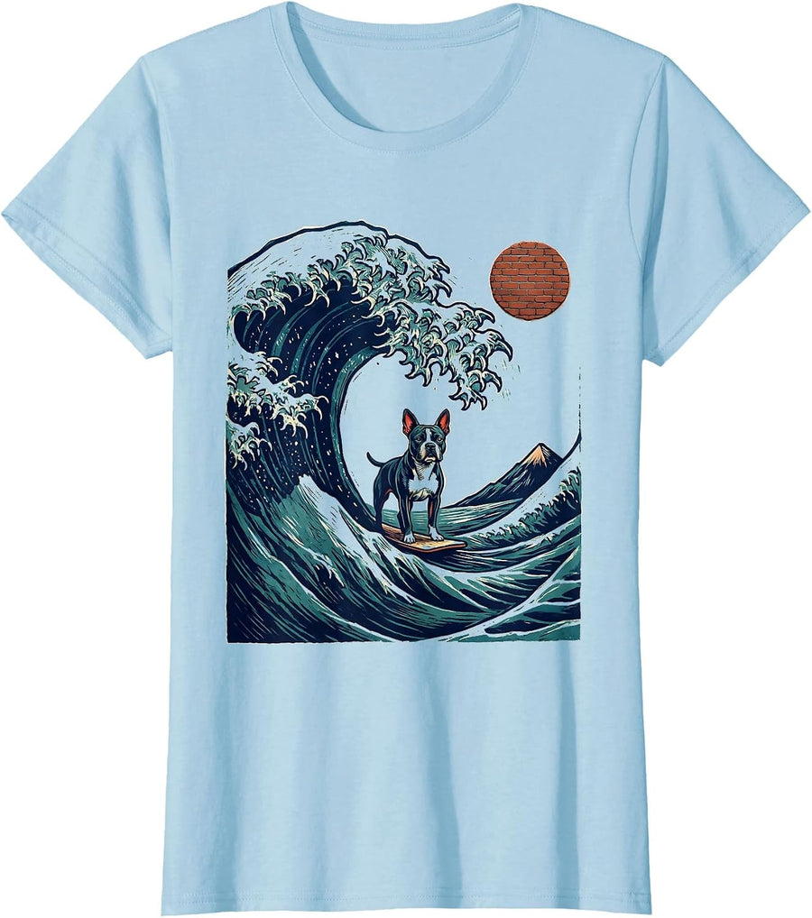 Women's American Staffordshire Terrier Japanese Great Wave Surfing T-Shirt - Baby Blue