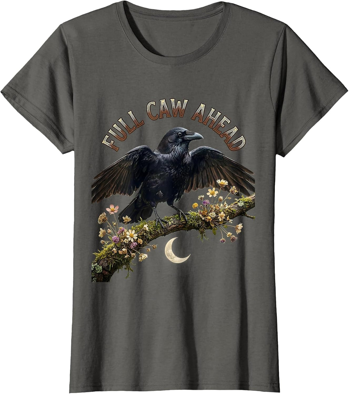 Women's Full Caw Ahead Funny Crow Bird Design T-Shirt - Asphalt Grey