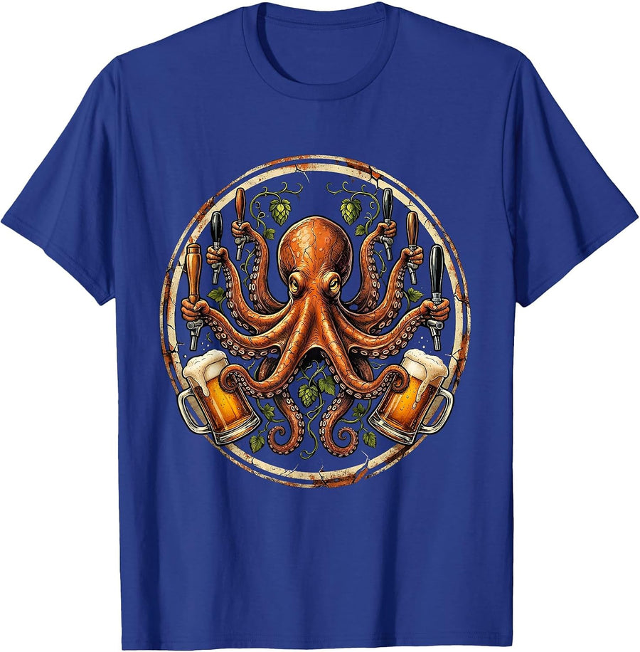 Octopus Draft Beer Multi-Tap Bartender Graphic T-Shirt - Royal Blue