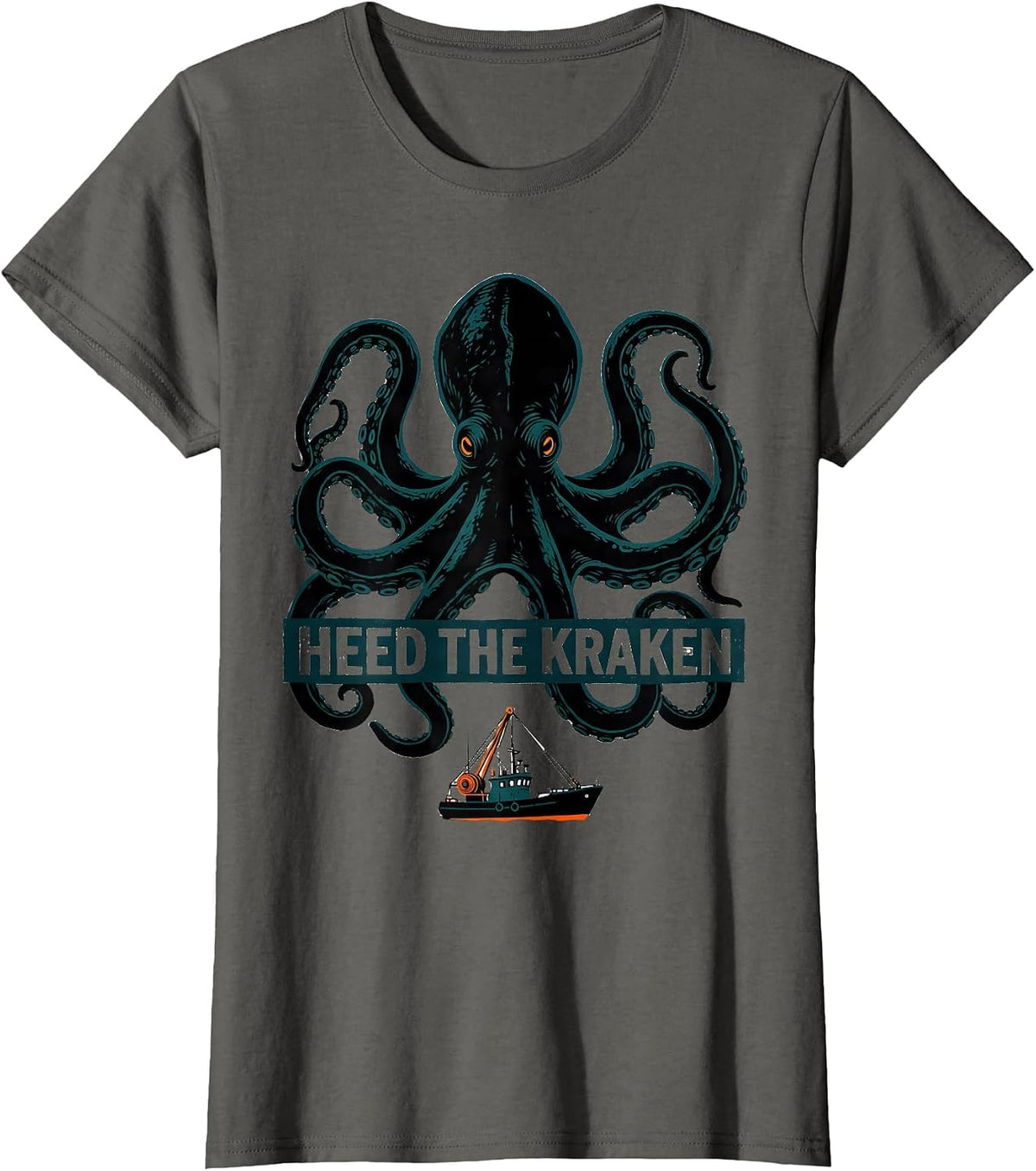 Women's Heed The Kraken Vintage Kraken Octopus Sea Monster Graphic T-Shirt - Asphalt Grey