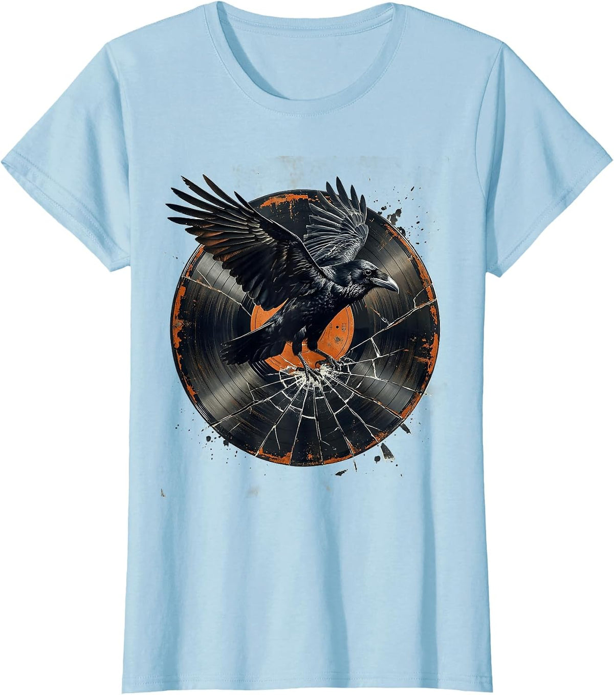 Raven on Broken Vinyl Record Rock Music Art T-Shirt - Baby Blue