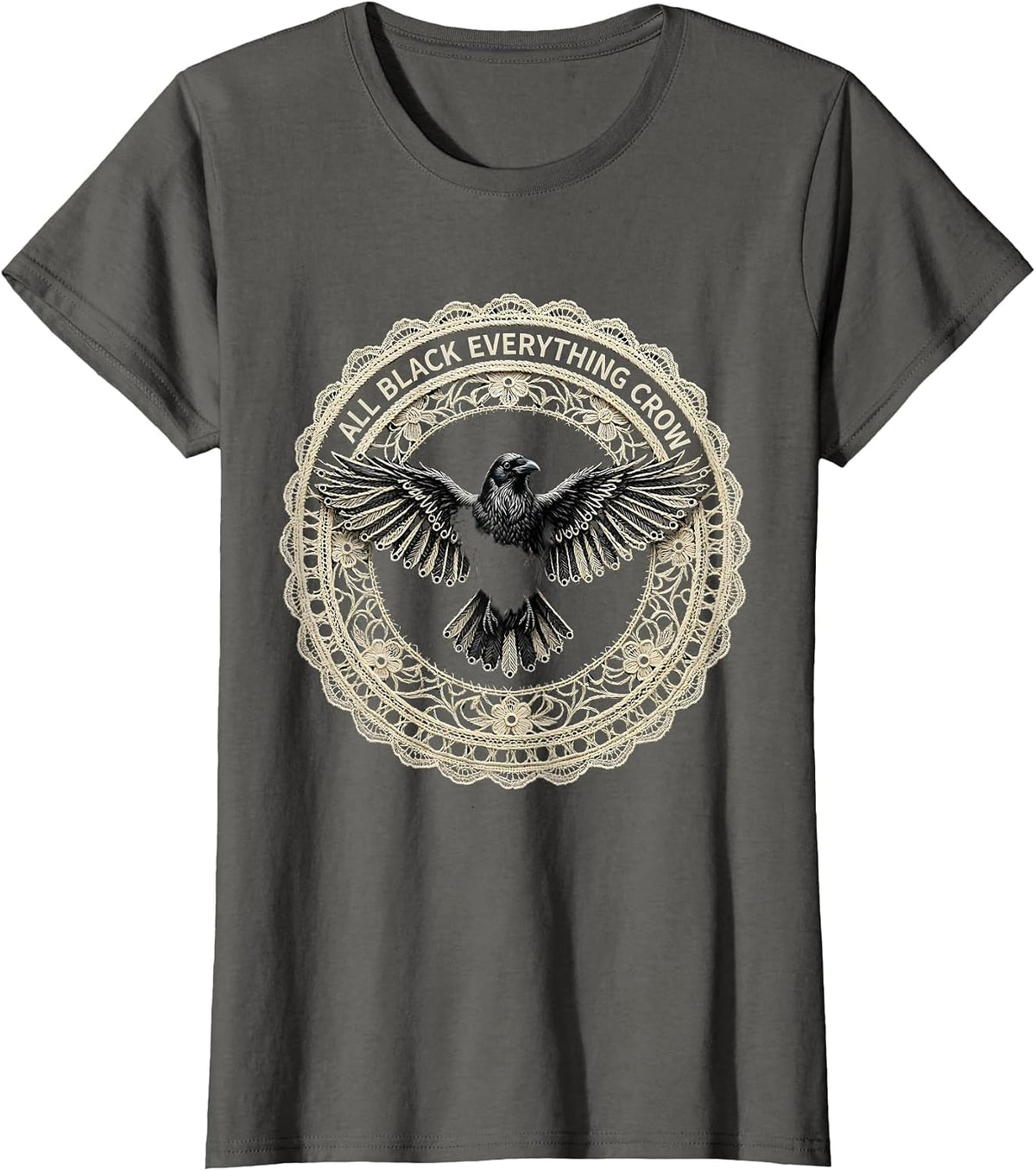 Women's All Black Everything Crow Graphic Design T-Shirt - Asphalt Grey