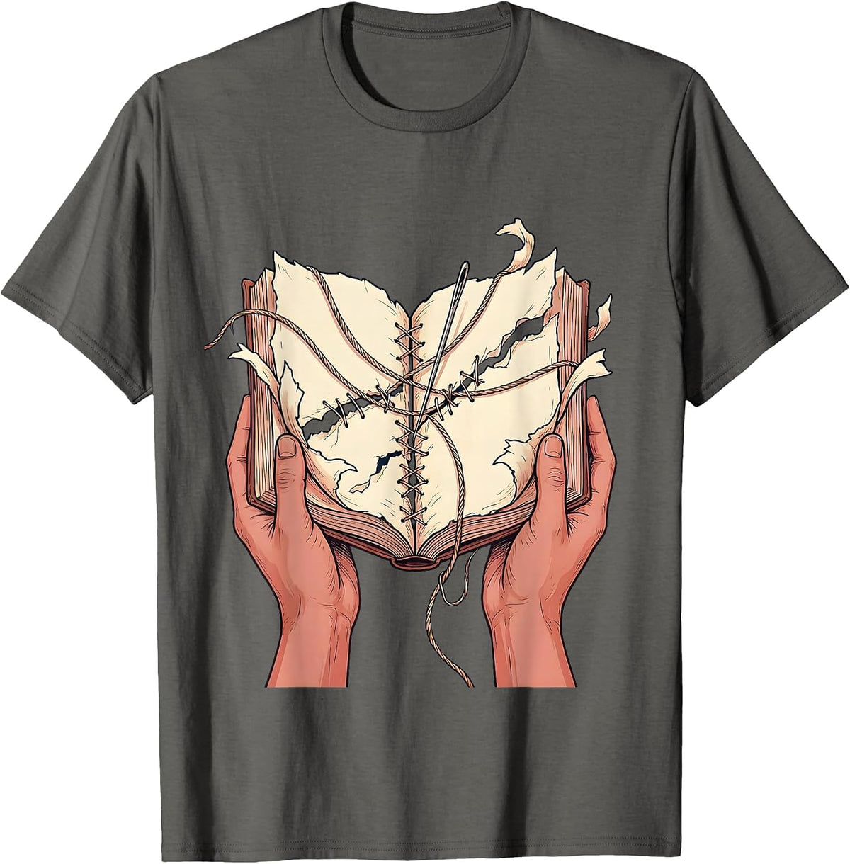 Mending Pages Hand Stitching Torn Book Art T-Shirt - Asphalt Grey