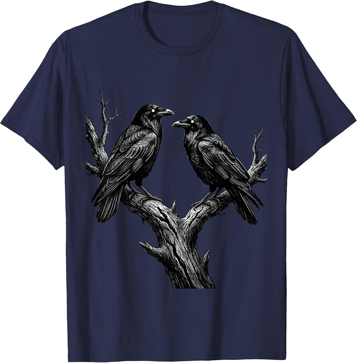 Two Crows Facing Off on a Dead Branch T-Shirt - Navy Blue