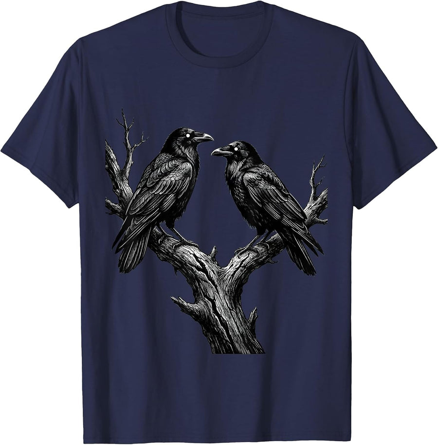 Two Crows Facing Off on a Dead Branch T-Shirt - Navy Blue