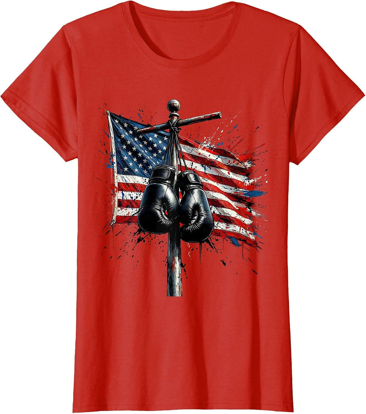 Women's Boys Red White Blue Boxing Gloves Flagpole T-Shirt - Red