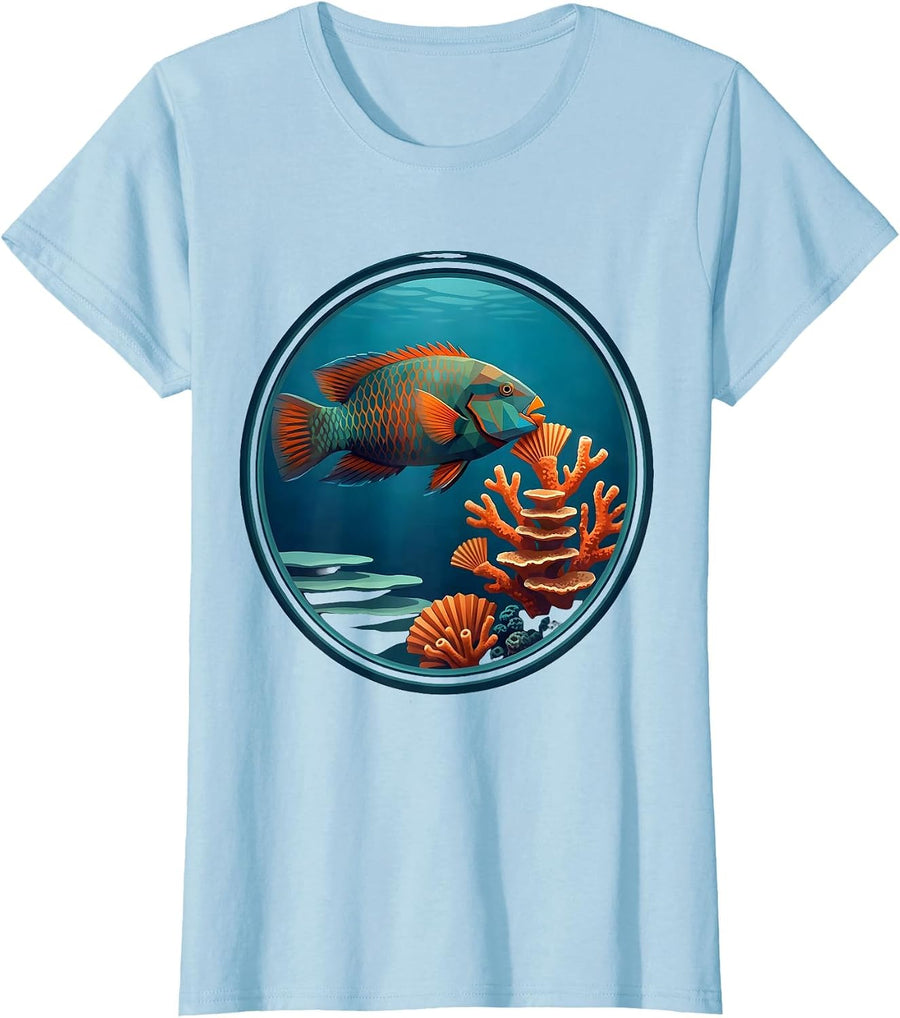 Women's Parrot Fish Nibbling Rainbow Coral Hawaiian Design T-Shirt - Baby Blue