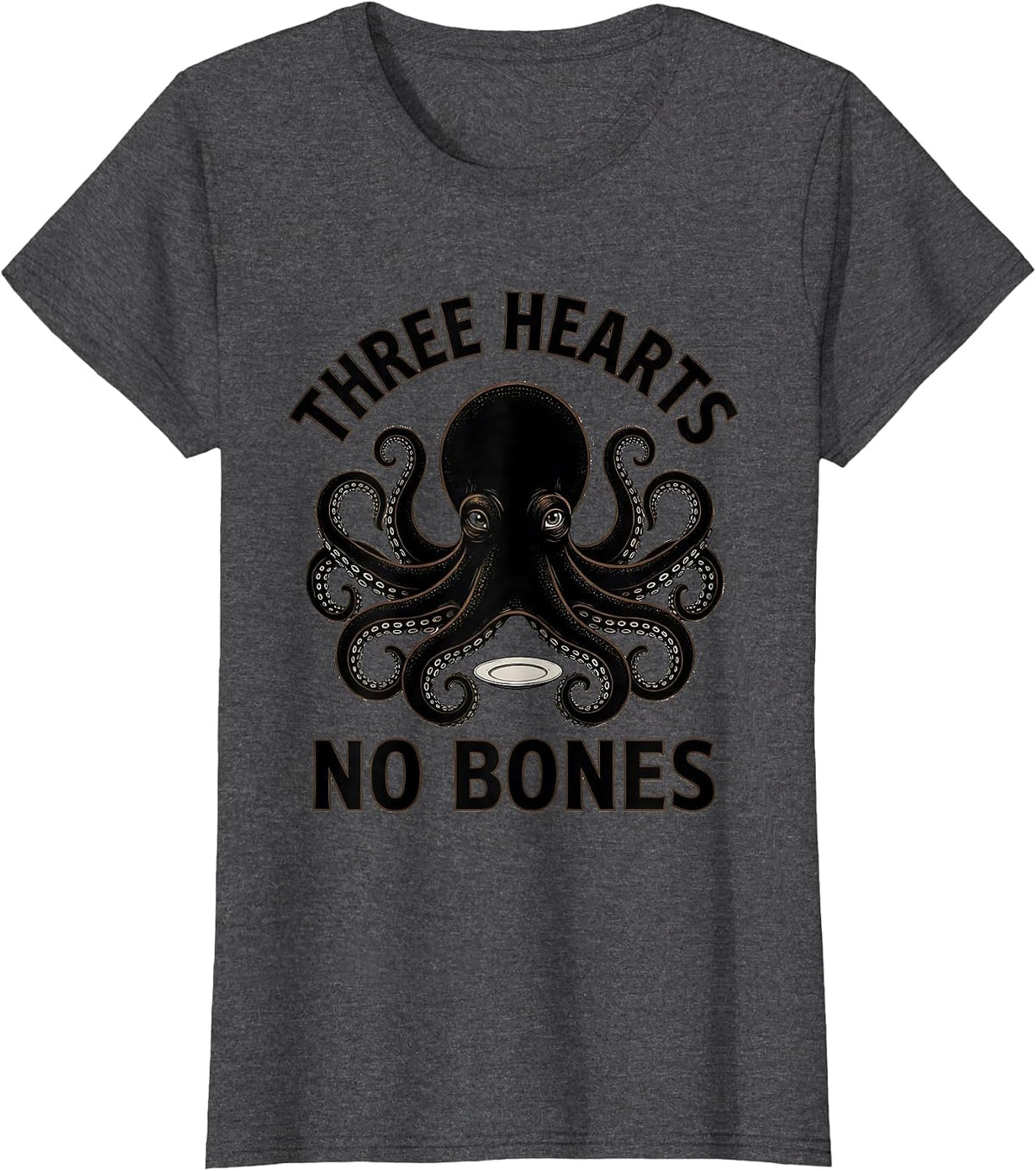 Women's Three Hearts No Bones Blackwork Dotwork Octopus Sea Creature T-Shirt - Dark Heather Grey