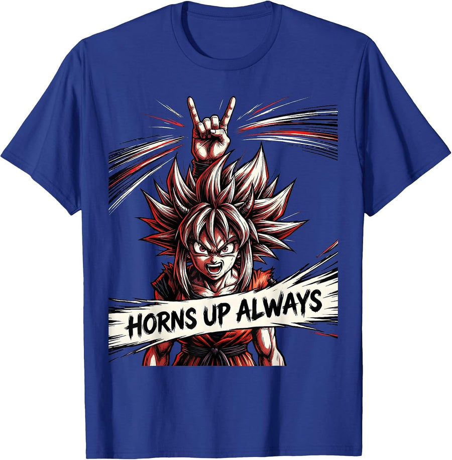 Horns Up Always Heavy Metal Graphic Design T-Shirt - Royal Blue