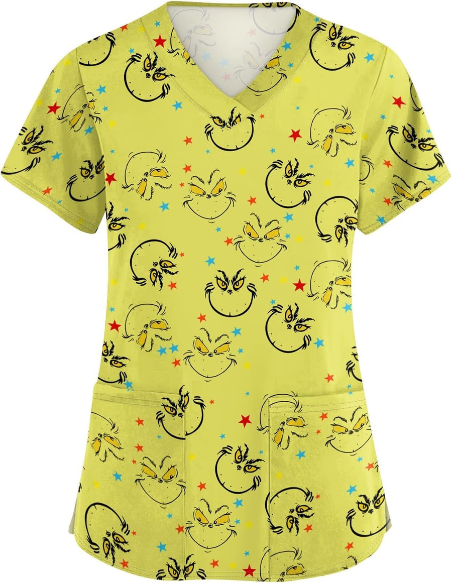 Scrub Tops Women Short Sleeve Plus Size Stretch V-Neck Fun Printed Scrubs Top Medical Nursing Uniforms with Pockets -