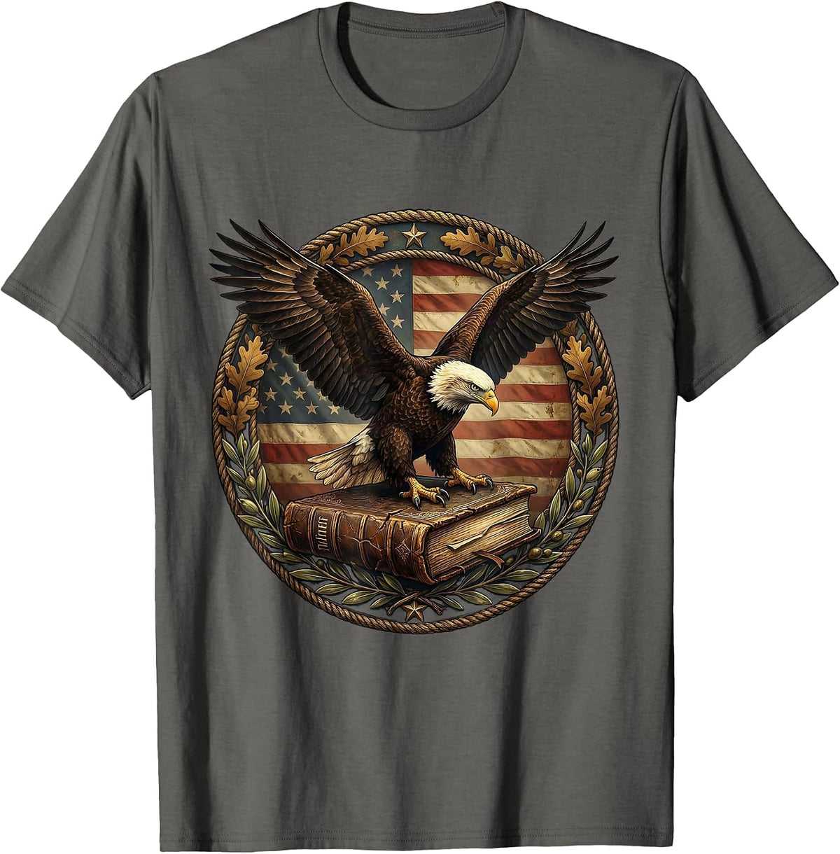 Men's Bald Eagle Perched on Bible Patriotic Graphic T-Shirt - Asphalt Grey