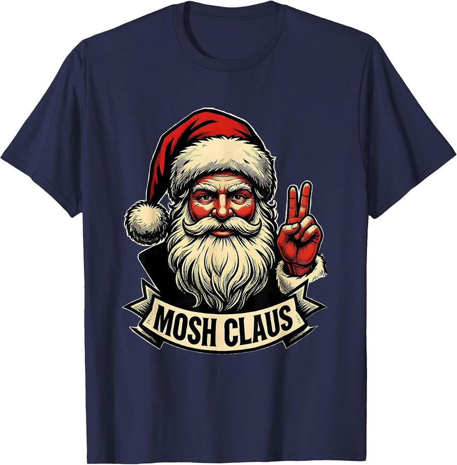 Mosh Claus Tattoo Heavy Metal Rock Santa Christmas Humor T-Shirt - Navy Blue
