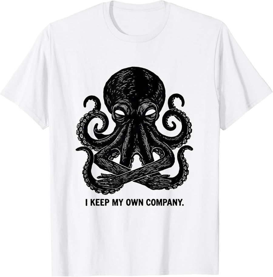 Men's I Keep My Own Company Linocut Octopus Lover Gift T-Shirt - White
