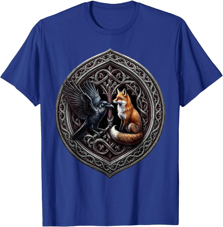 Crow and Fox Face Off Wildlife Art Design T-Shirt - Royal Blue
