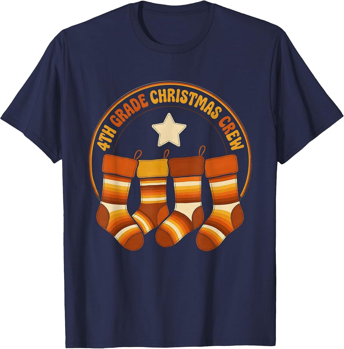 Men's 4th Grade Christmas Crew Retro Teacher Humor Classroom Squad T-Shirt - Navy Blue