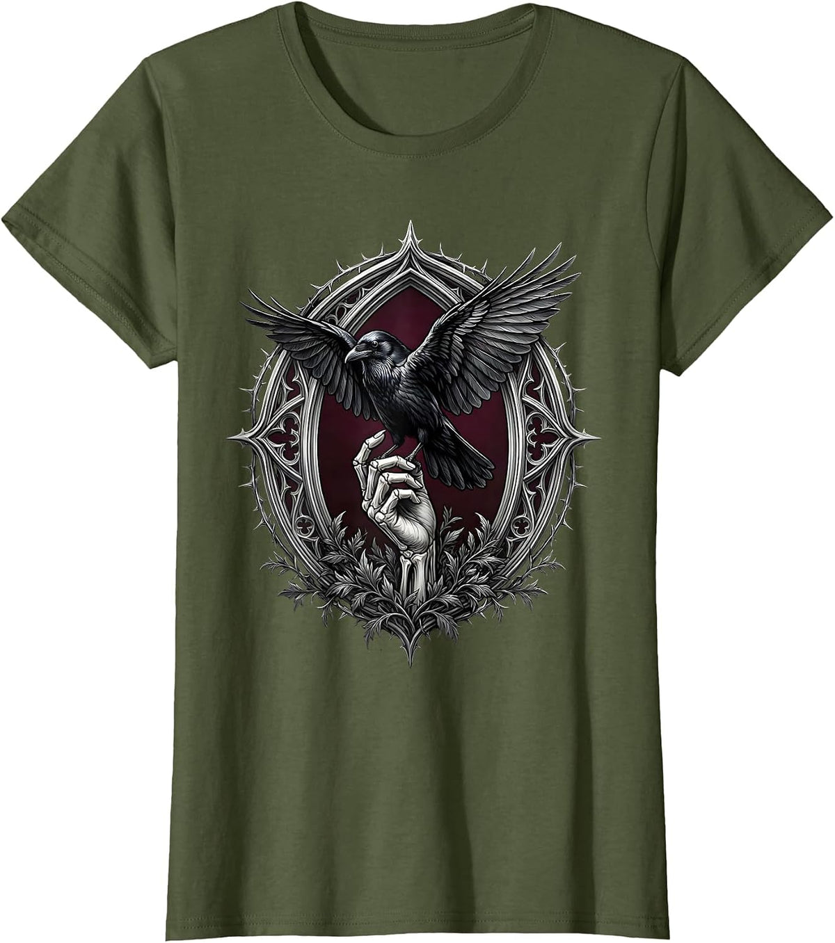 Women's Crow Perched on Hand Reaching Up Graphic T-Shirt - Olive Green