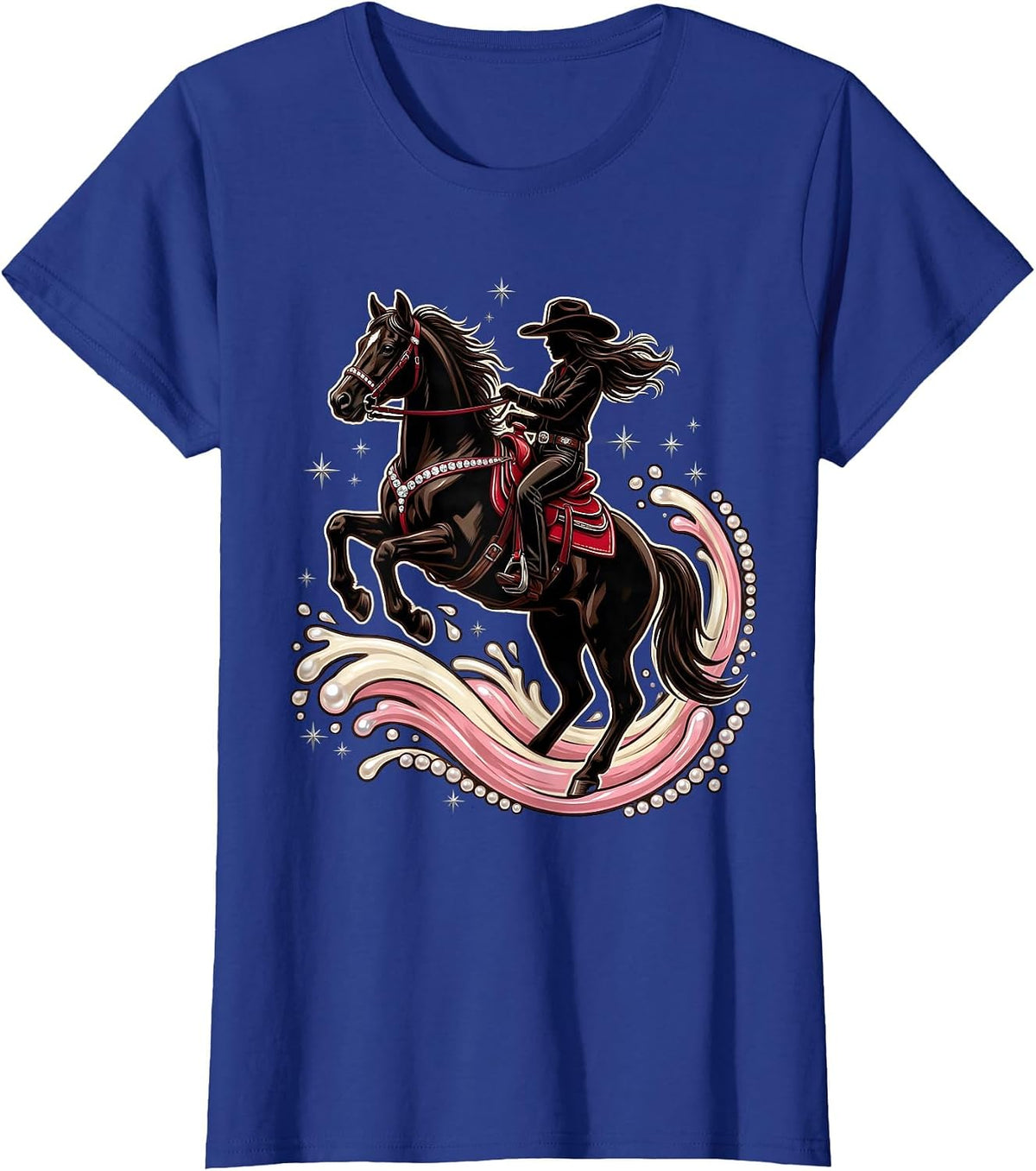 Women's Cowgirl Riding Horse Through River Splash T-Shirt - Royal Blue