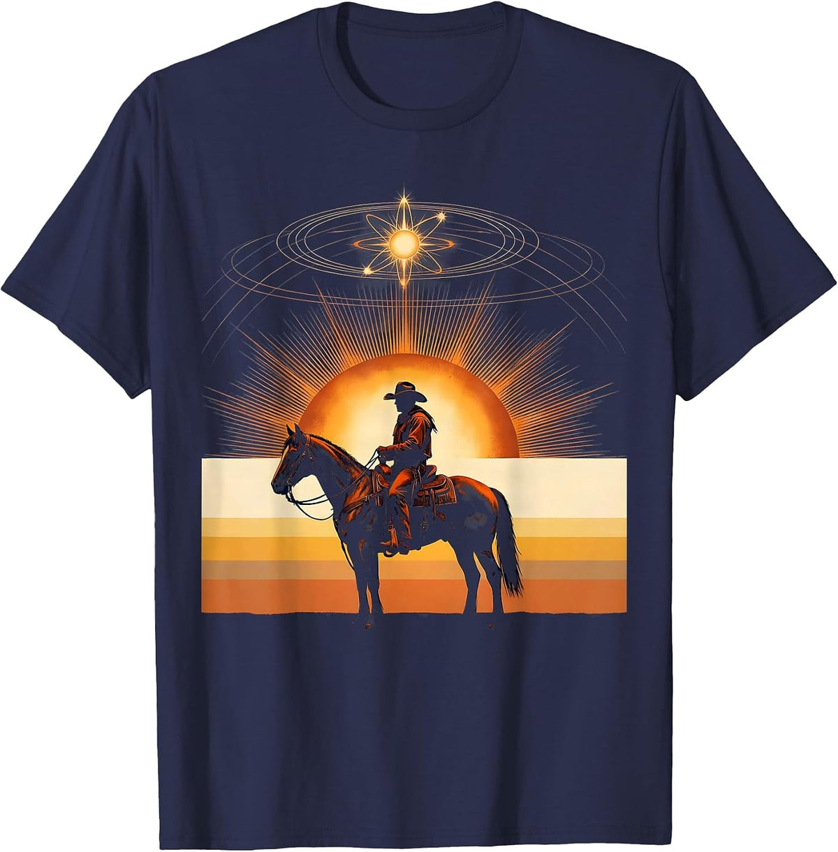 Cowboy Silhouette Riding Horse at Dusk T-Shirt - Navy Blue