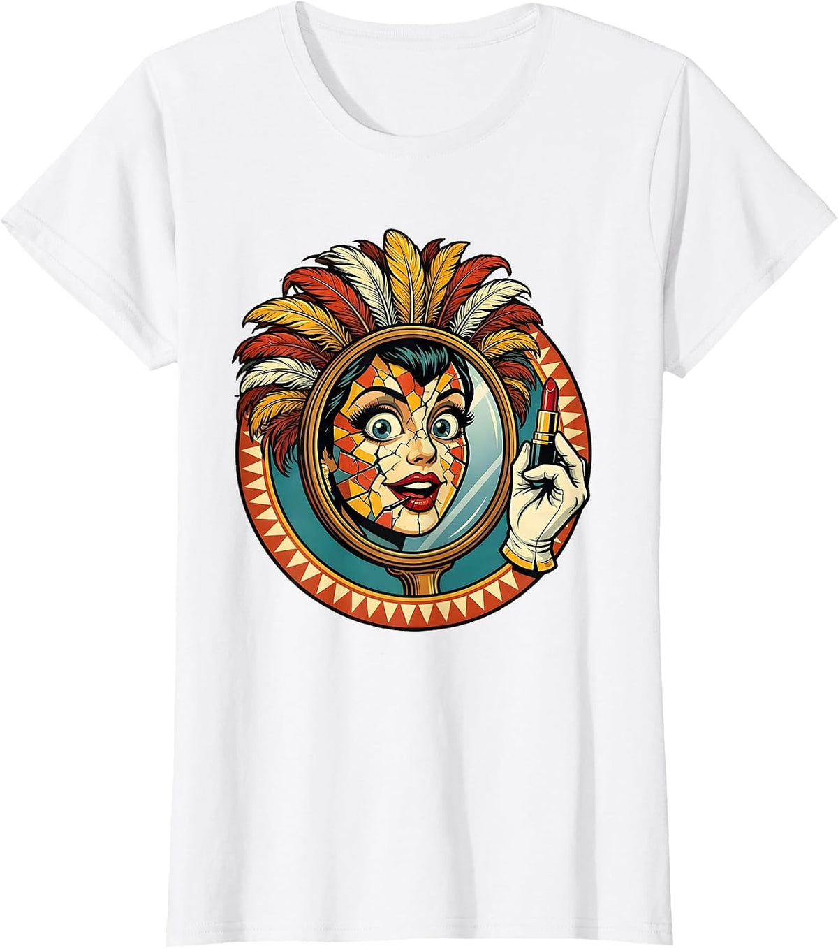 Showgirl Lipstick Cracked Mirror Graphic Design T-Shirt - White