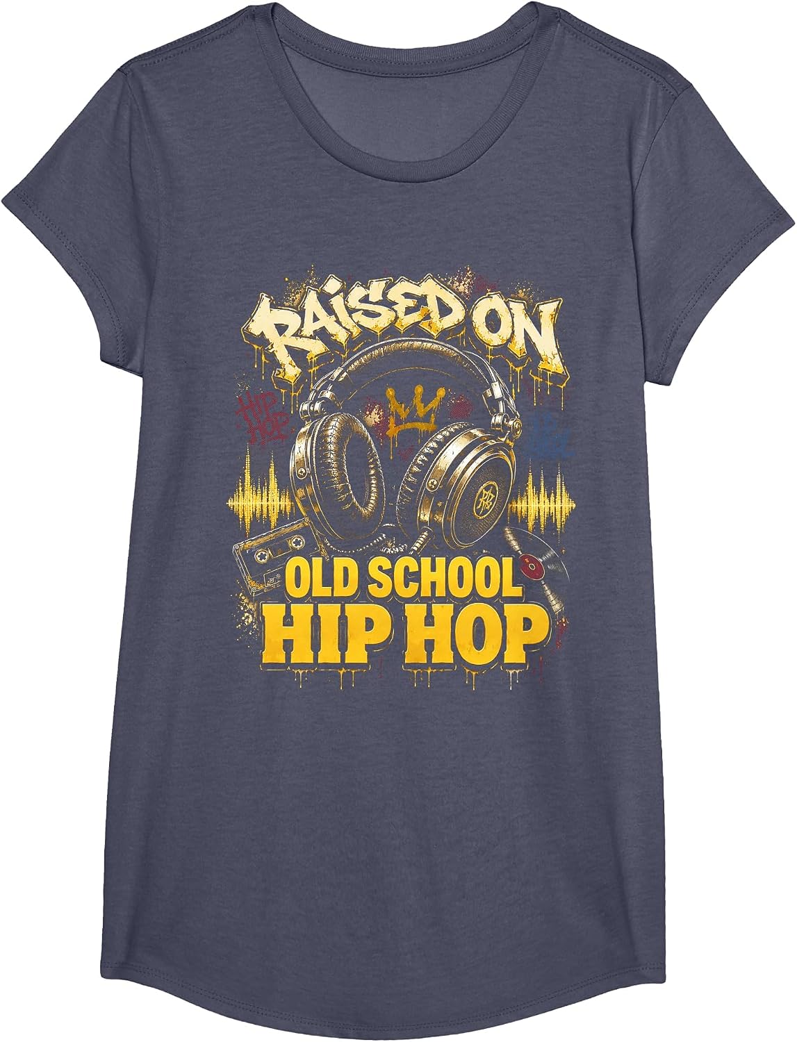 Raised On Old School Hip Hop Cassette Graffiti Rap T-Shirt, Girls, Heather Blue, Large - As Pictured