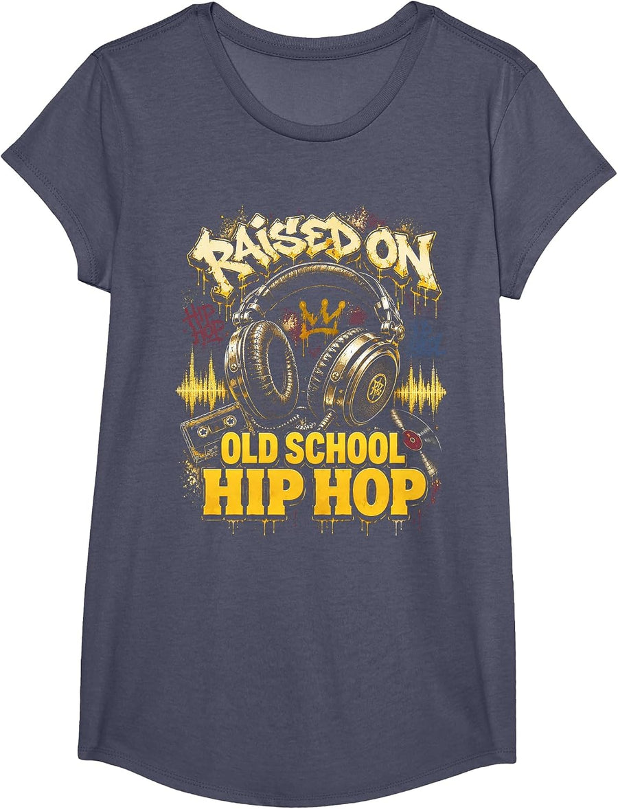 Raised On Old School Hip Hop Cassette Graffiti Rap T-Shirt, Girls, Heather Blue, Large - As Pictured
