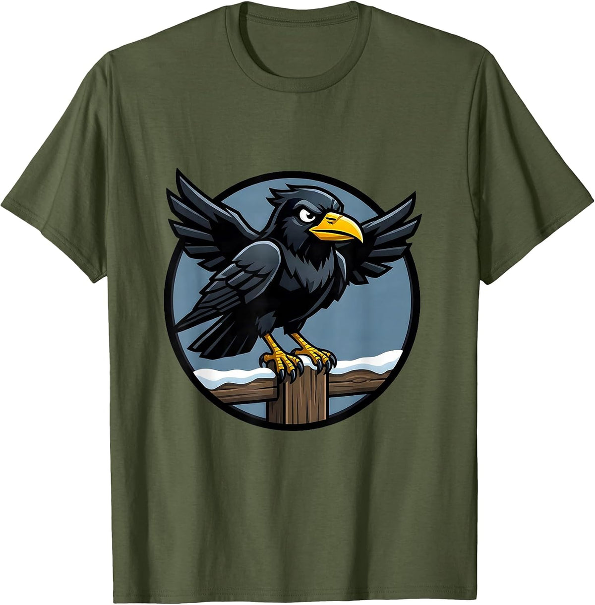 Crow on Snow-Covered Fence Post Illustration T-Shirt - Olive Green