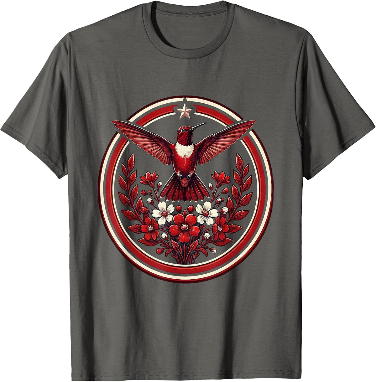 Men's Hummingbird Red White Wildflowers Patriotic T-Shirt - Asphalt Grey