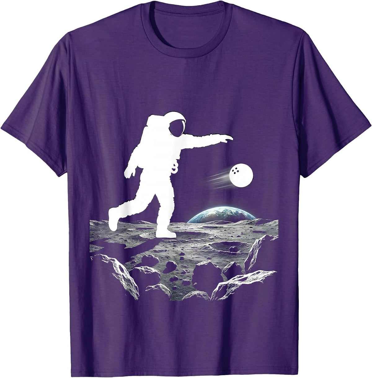 Astronaut Bowling on the Moon Graphic Tee T-Shirt - Purple