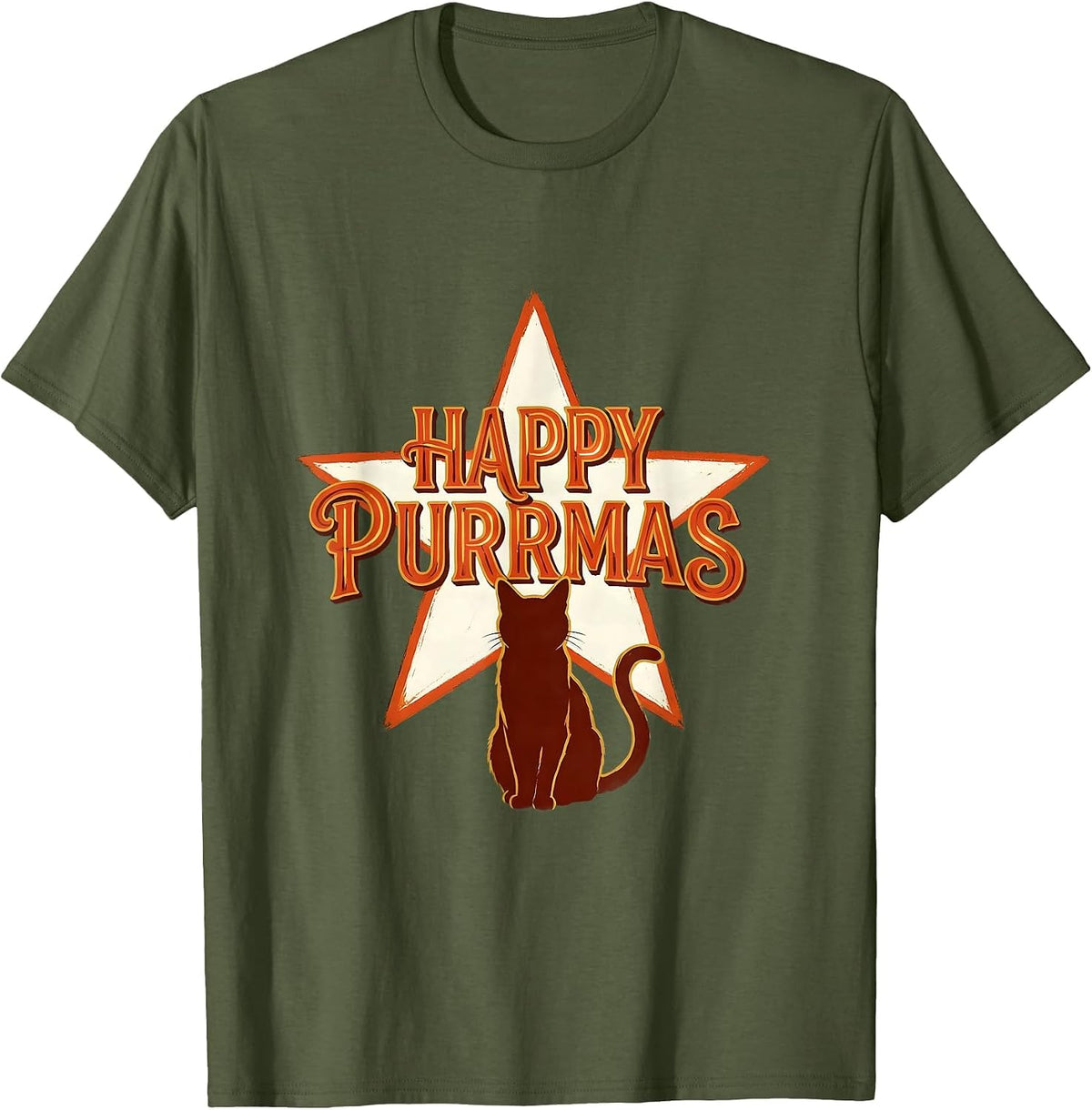 Men's Happy Purrmas Sign Painter Showcard Funny Cat Lover T-Shirt - Olive Green