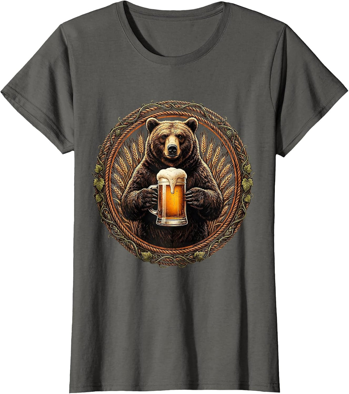 Women's Bear Holding Oversized Beer Stein Graphic T-Shirt - Asphalt Grey