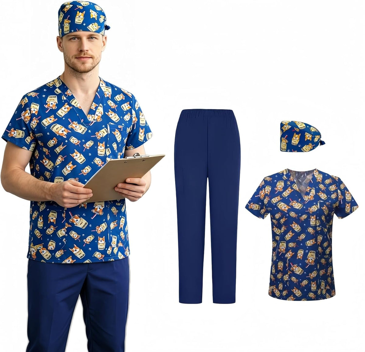 3Pcs Unisex Scrubs set with cute printed V-neck tops Scrub Pants Cap,soft, casual nurse uniform with multi-pockets - Blue