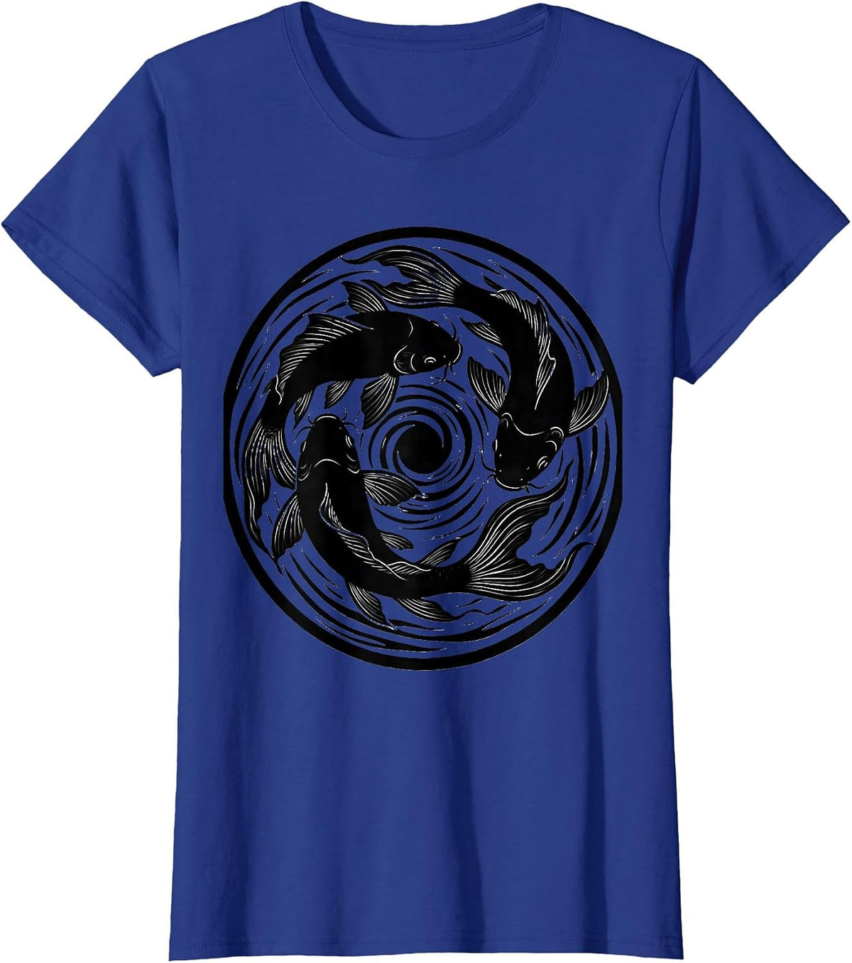 Women's Koi Fish Swirling Circular Pond Graphic T-Shirt - Royal Blue