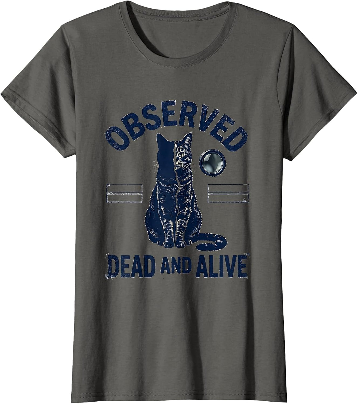Women's Observed Dead And Alive Rubber Stamp Quantum Physics Humor T-Shirt - Asphalt Grey