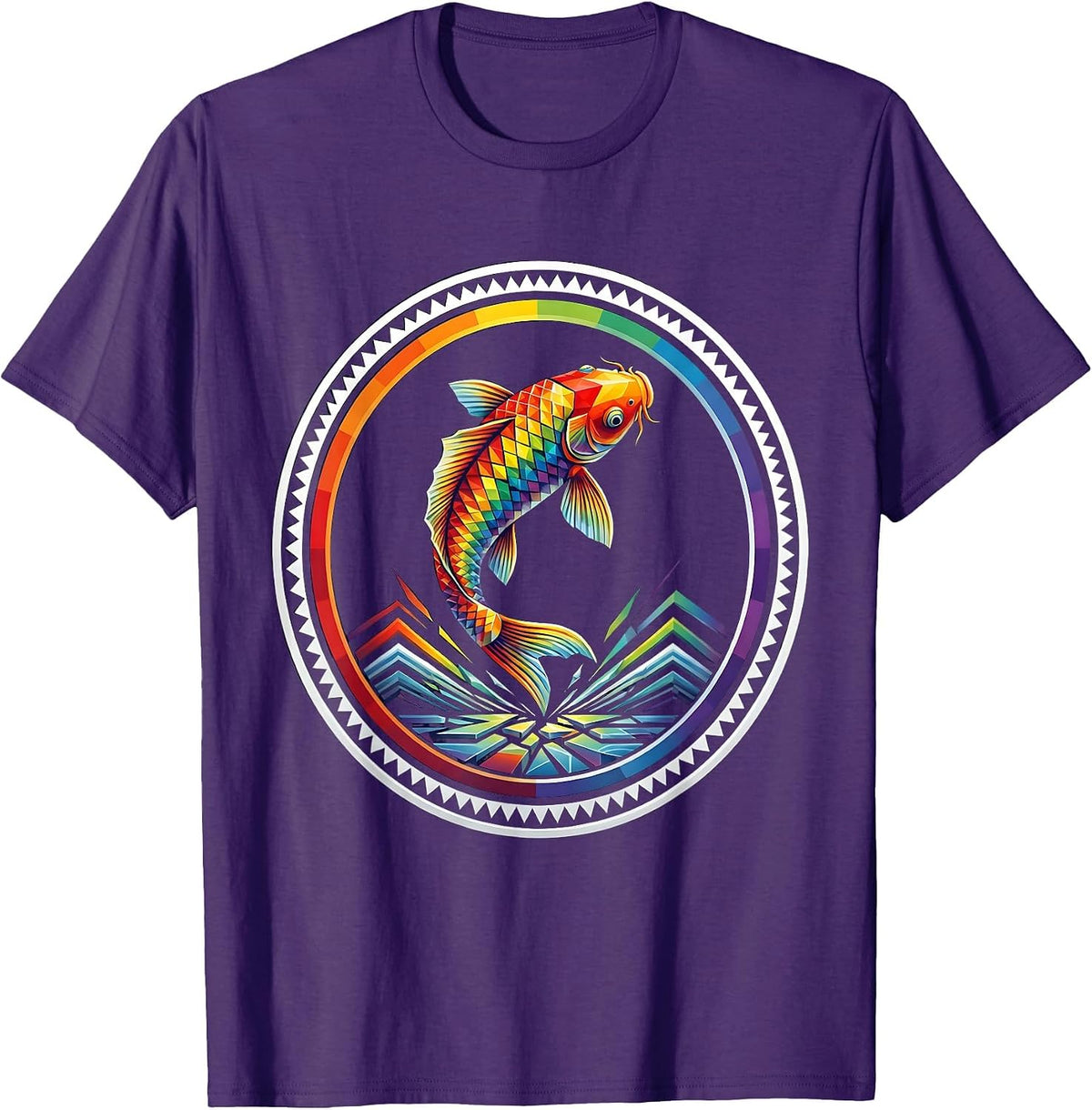 Rainbow Koi Fish Leaping From Water Illustration T-Shirt - Purple