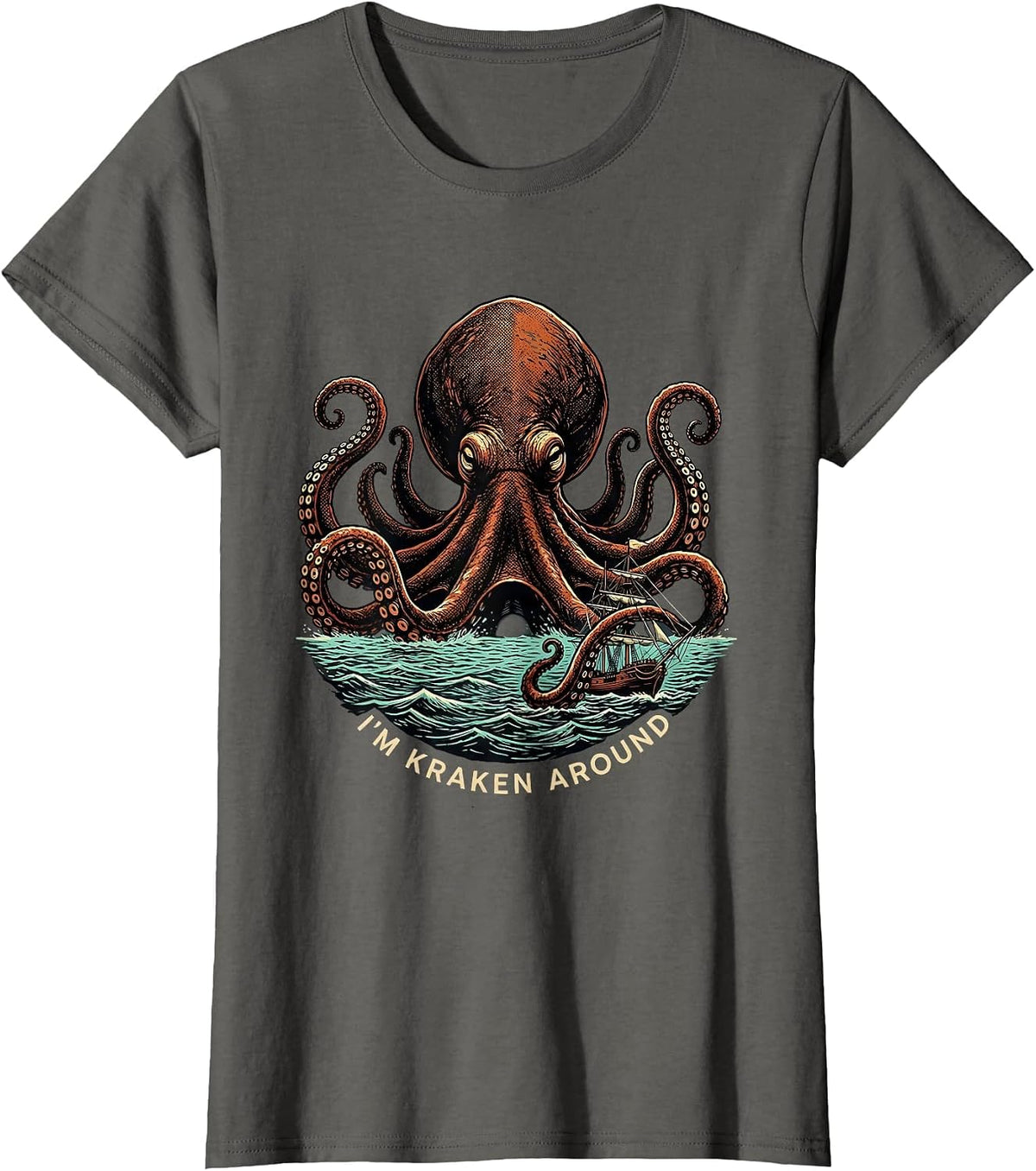 Women's I'm Kraken Around Vintage Octopus Sea Monster Ocean Lover T-Shirt - Asphalt Grey