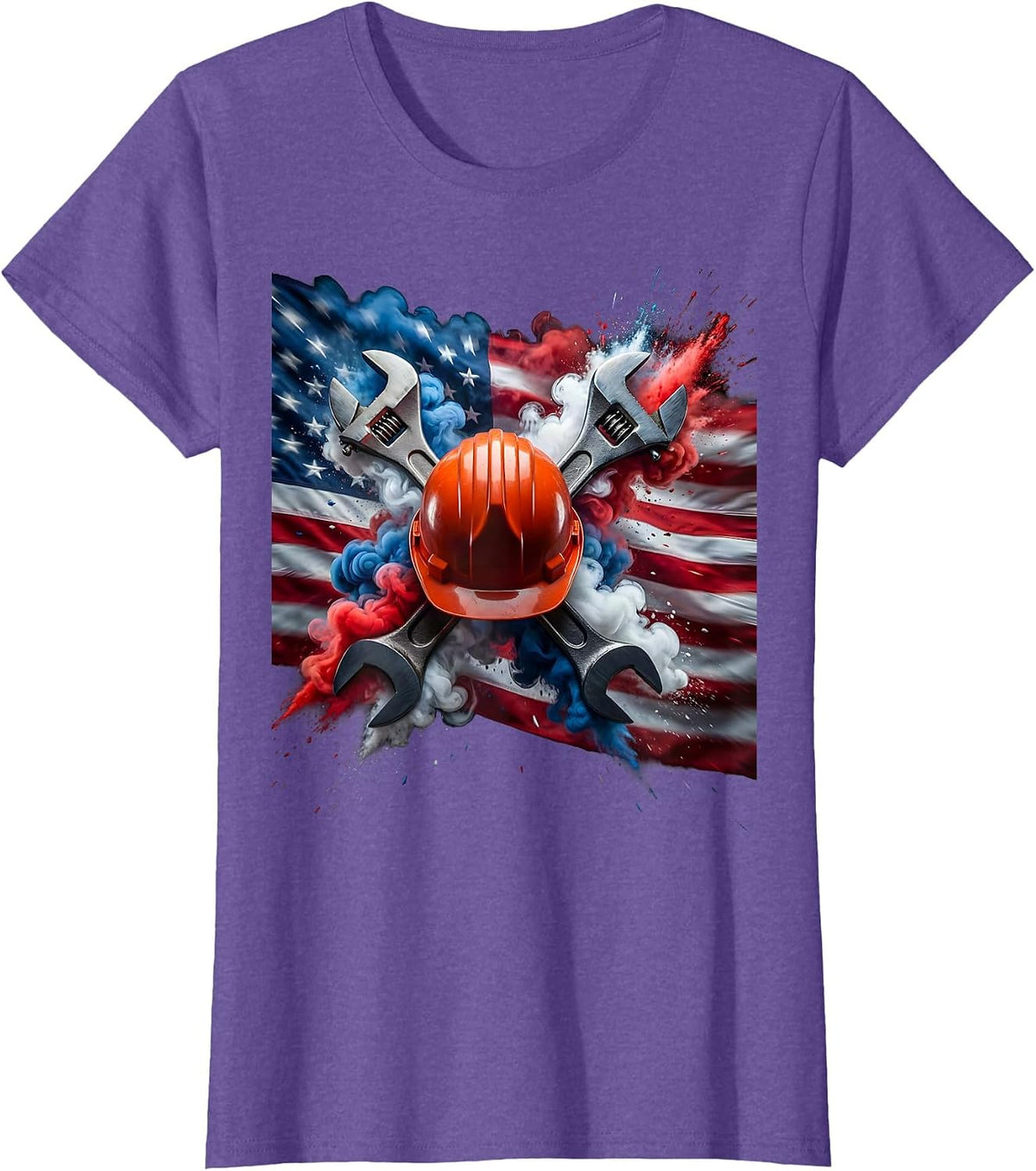 Hard Hat Crossed Wrenches American Flag Graphic T-Shirt - Purple Heather