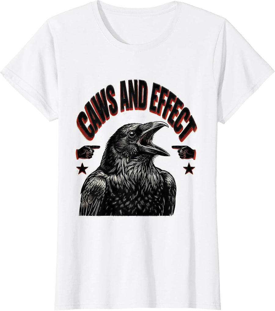 Women's Caws and Effect Funny Crow Bird Design T-Shirt - White